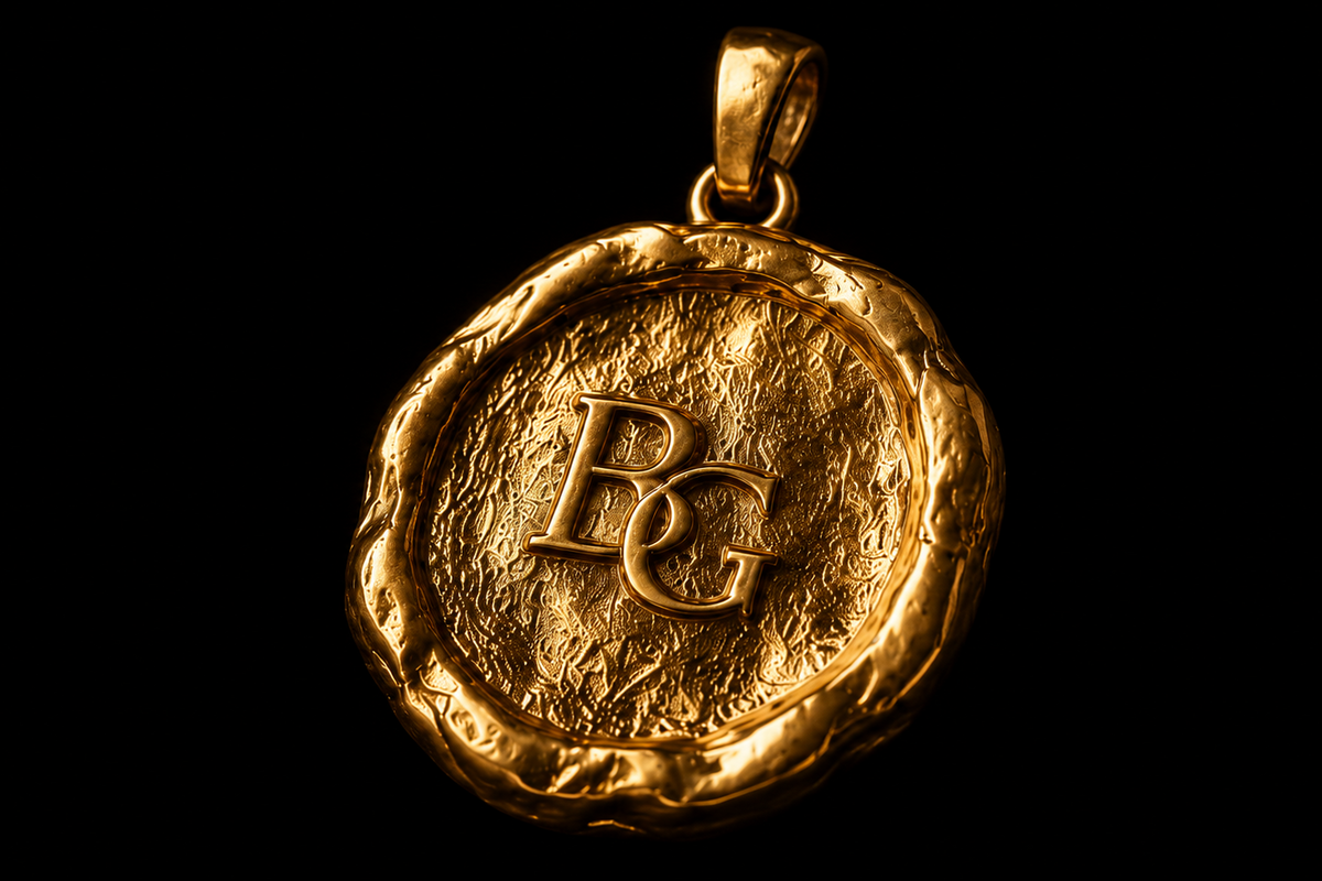 The BG Medallion in 24k gold, detail of the BG monogram
