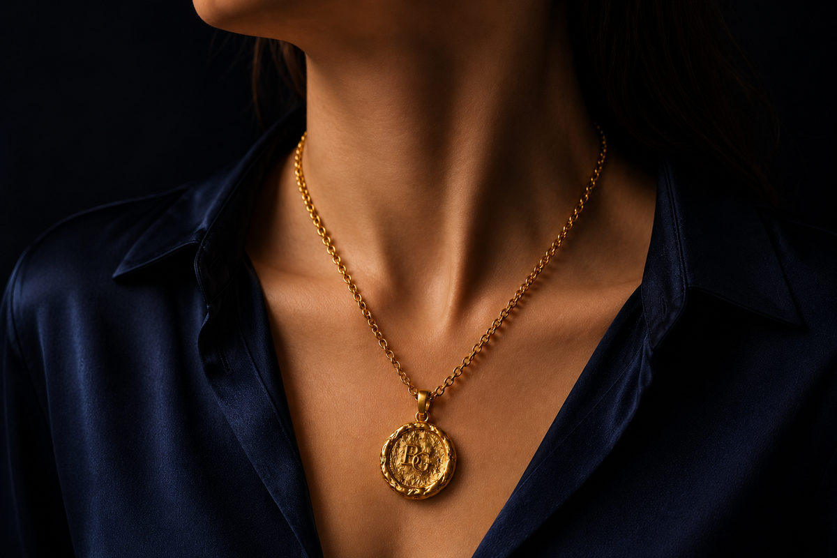 The BG Medallion in 24k gold, worn on its rolo chain